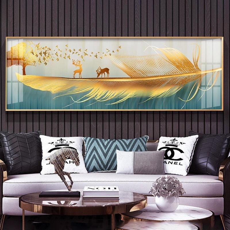 Abstract Golden Birds Painting Tableaux Big Poster Print HD Wall Art for  Living Room Entrance Aisle