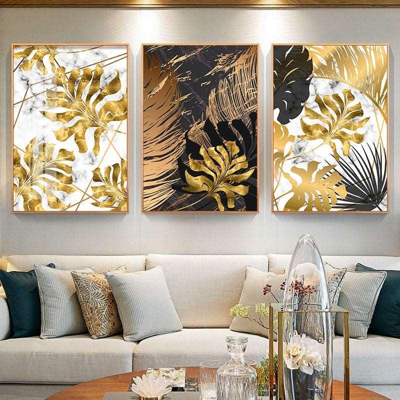 Golden Leaf Flower Abstract Canvas Wall Art Pictures For Living Room Home  Decor