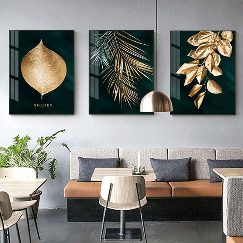 abstract bedroom Botanical brown darkgreen dining_room entryway gold golden green hallway kitchen leaf leaves living_room luxury minimalist minimalistic modern nature office plant plants rectangle silver yellow Wall Art