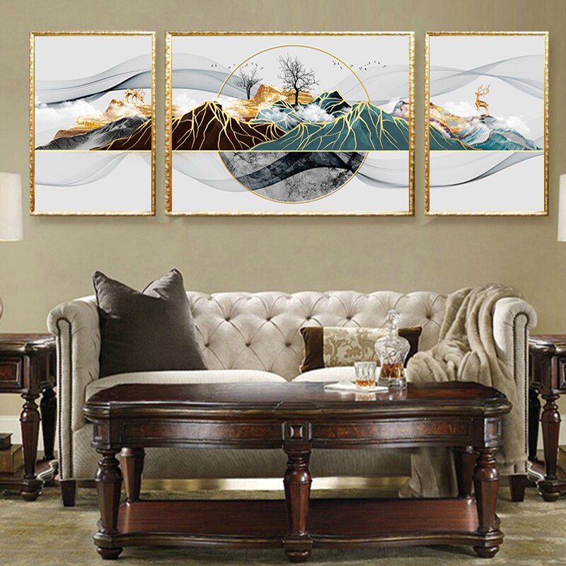 3 posters in one picture 3_in_1 abstract bedroom black blue darkblue darkgreen deer dining_room gold golden green grey landscape living_room luxury marble mountain new_arrivals orange pink rectangle tree trees wide_format Wall Art