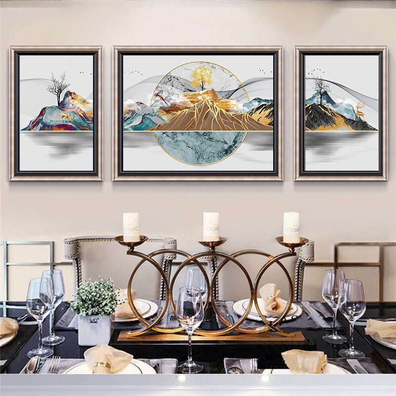 3 posters in one picture 3_in_1 abstract bedroom black blue darkblue darkgreen deer dining_room gold golden green grey landscape living_room luxury marble mountain new_arrivals orange pink rectangle tree trees wide_format Wall Art