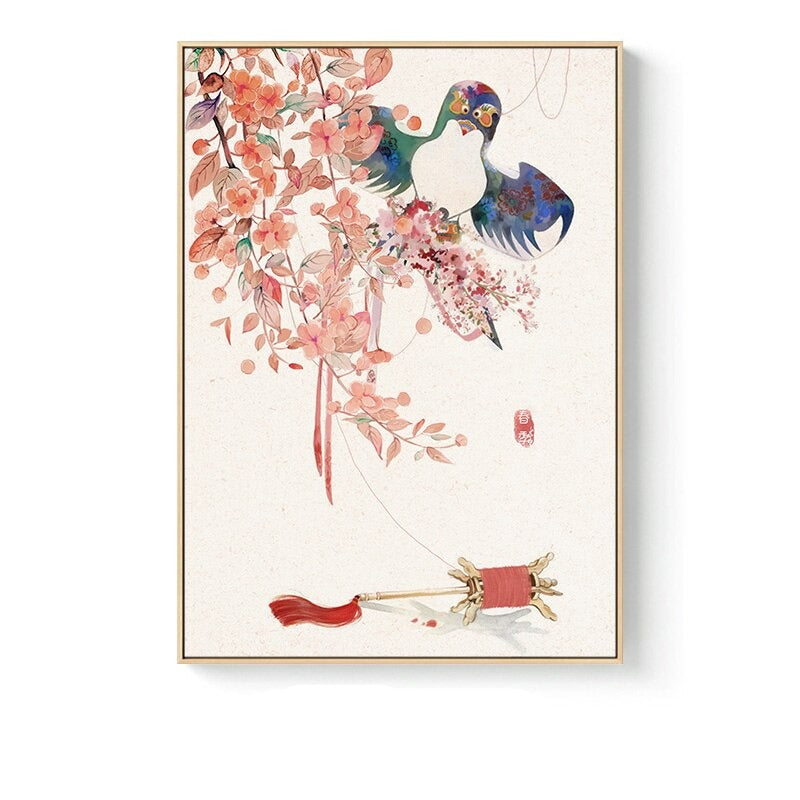 asian bathroom bedroom beige bird birds black blue brown butterflies butterfly chinese colorful colourful darkblue dining_room entryway flower flowers green hallway illustration illustrative japandi kitchen living_room office orange pink plant plants rectangle red yellow Wall Art