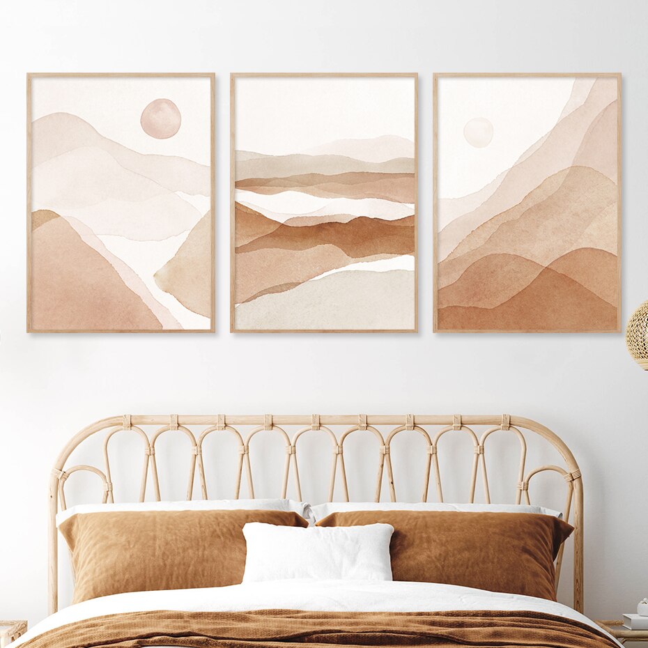 abstract bedroom beige brown contemporary entryway hallway landscape living_room mountain mountains pink rectangle watercolor Wall Art