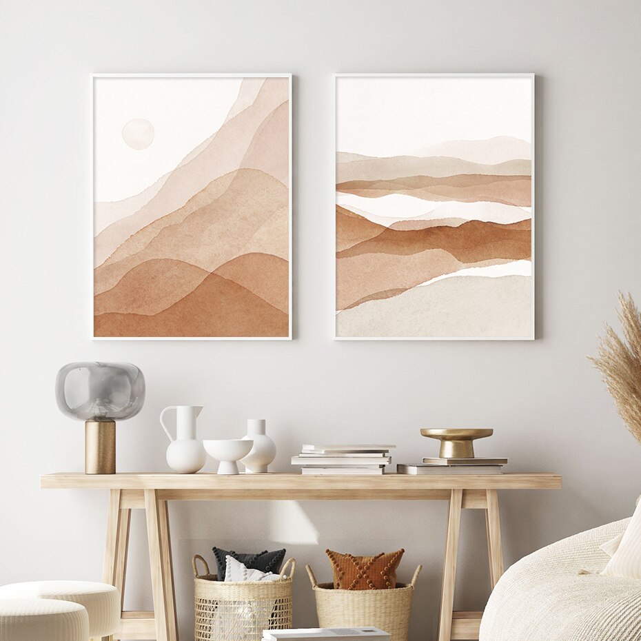 abstract bedroom beige brown contemporary entryway hallway landscape living_room mountain mountains pink rectangle watercolor Wall Art