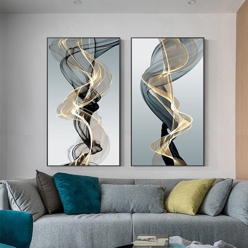 abstract beige black blue darkblue entryway flowing gold golden grey living_room office rectangle Wall Art