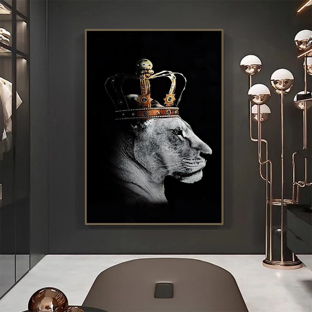 bathroom bedroom black crown crowns entryway gold golden gray great lion grey hallway king kings kitchen lion lioness living_room luxury queen rectangle white wild animal wild animals Wall Art