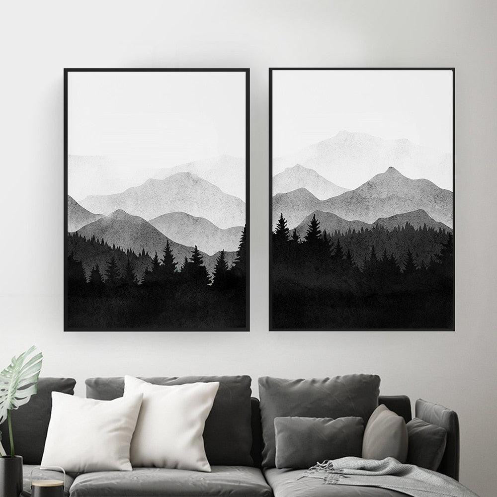 bathroom bedroom black dining_room entryway forest forests gray grey landscape living_room minimalist minimalistic mountain mountains office rectangle tree trees Wall Art