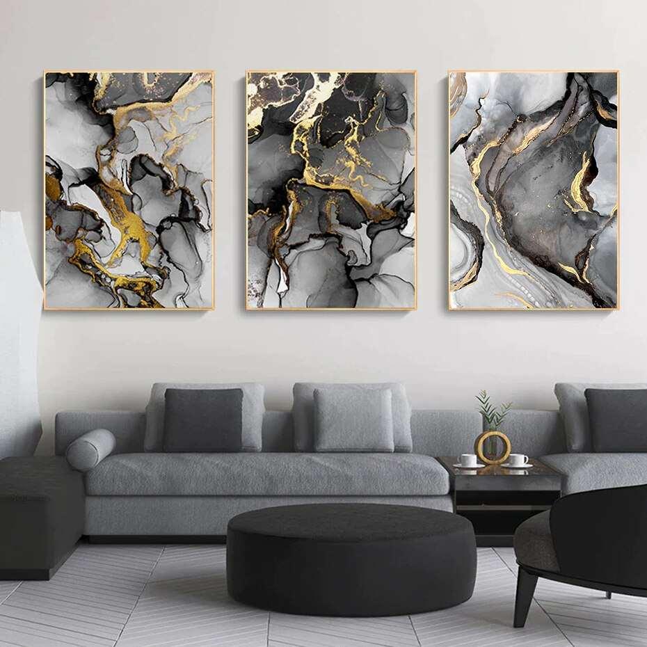 Marble Gold Grey Black Posters Wall Art Canvas Painting Living