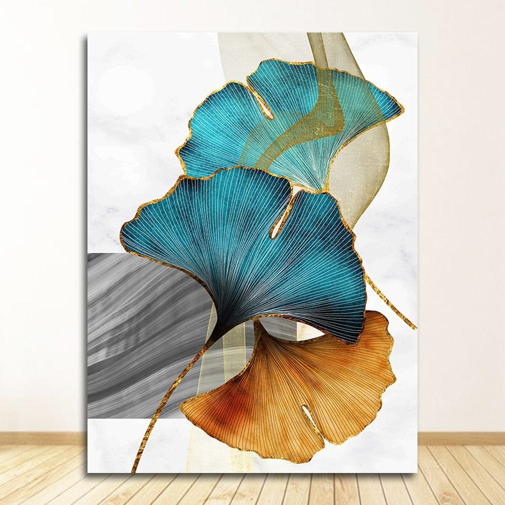 bedroom blue brown colorful colourful contemporary darkblue entryway flower ginkgo gold golden grey kitchen leaf leaves lightblue living_room nature office orange plant plants rectangle turquoise white Wall Art