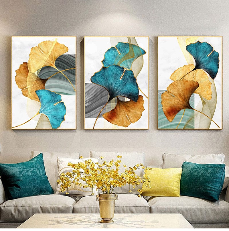 bedroom blue brown colorful colourful contemporary darkblue entryway flower ginkgo gold golden grey kitchen leaf leaves lightblue living_room nature office orange plant plants rectangle turquoise white Wall Art