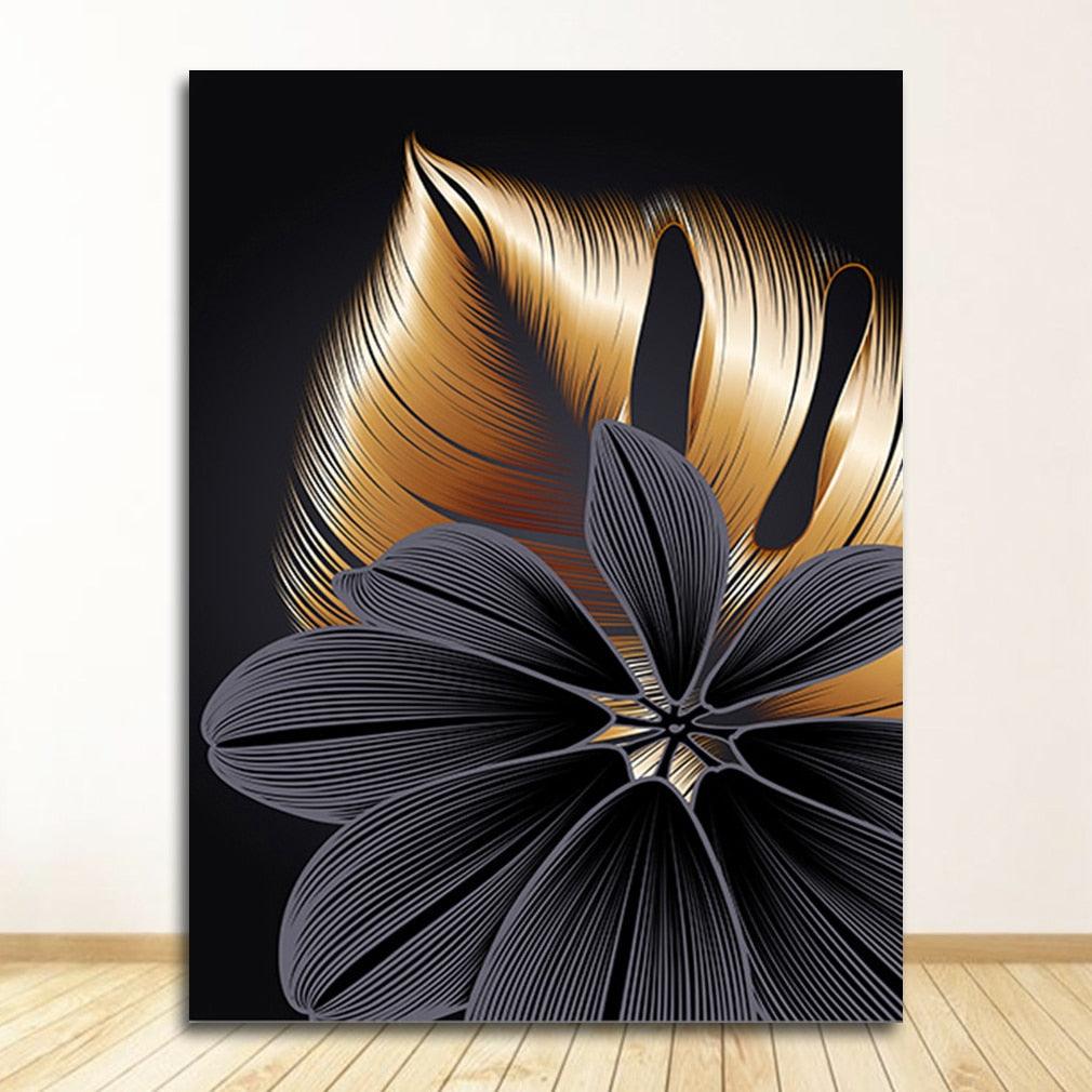 Black Golden Flower Abstract Wall Art Canvas Print, Black Golden