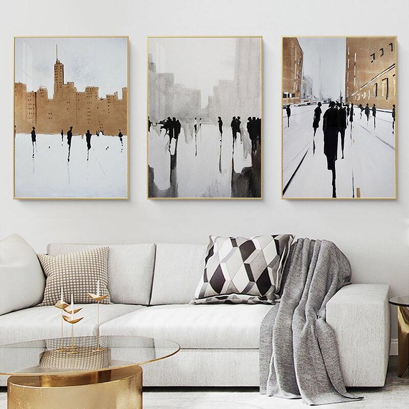 abstract bathroom bedroom beige black brown cityscape cream dining_room entryway gold gold foil golden golden foil gray grey hallway living_room luxurious luxury modern nyc office pedestrian people rectangle rectangles sky street white Wall Art