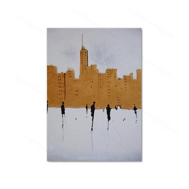 abstract bathroom bedroom beige black brown cityscape cream dining_room entryway gold gold foil golden golden foil gray grey hallway living_room luxurious luxury modern nyc office pedestrian people rectangle rectangles sky street white Wall Art